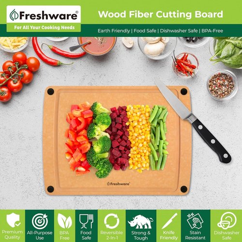 Freshware Wood Cutting Board - Juice Groove & Non-Slip Silicone Feet | Medium 12" x 9" Natural Finish