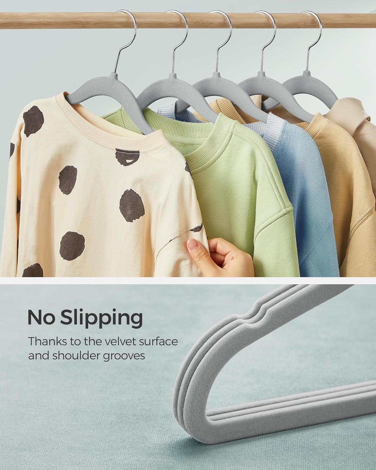 SONGMICS Velvet Baby Kids Hangers - Space-Saving Non-Slip Design with 360° Swivel Hooks | 50 Pack, Dove Gray