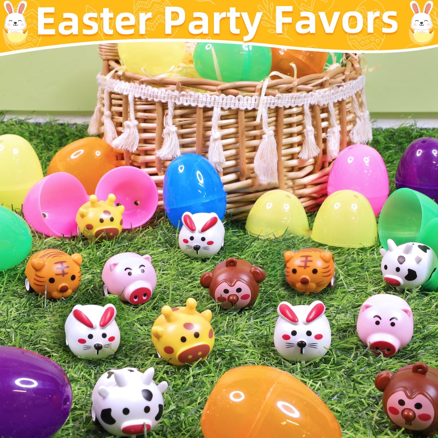 12 Pack Filled Easter Eggs with Toys Inside, Animals Bunny Pull Back Cars Easter Eggs Filled for Kids Boys Girls Easter Egg Hunt Party Favors Easter Basket Stuffers Essential Filler Classroom Prize