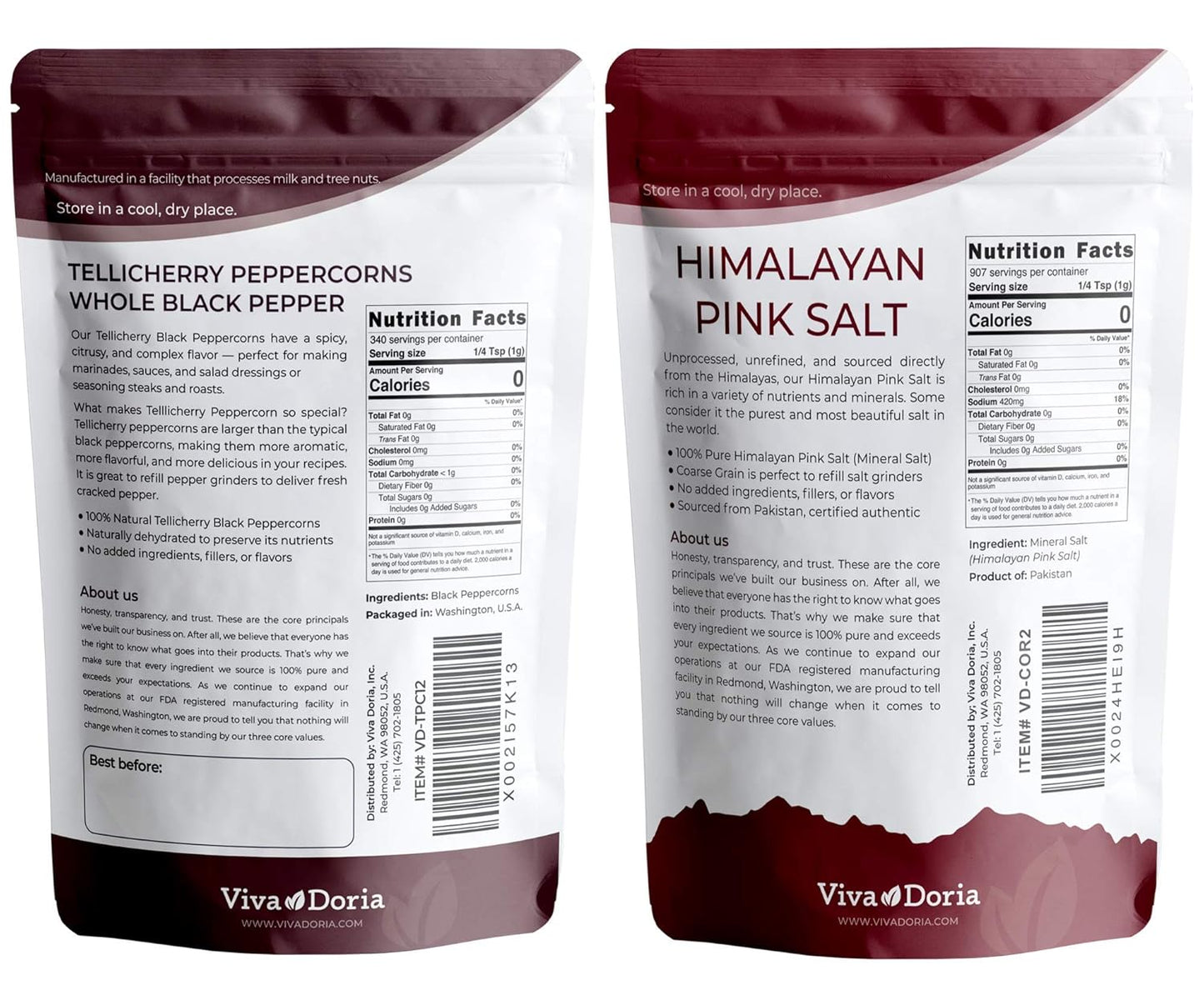 Viva Doria Tellicherry Whole Black Peppercorns & Himalayan Pink Salt - Coarse Grain, 2 lb | Perfect Grinder Refill Set