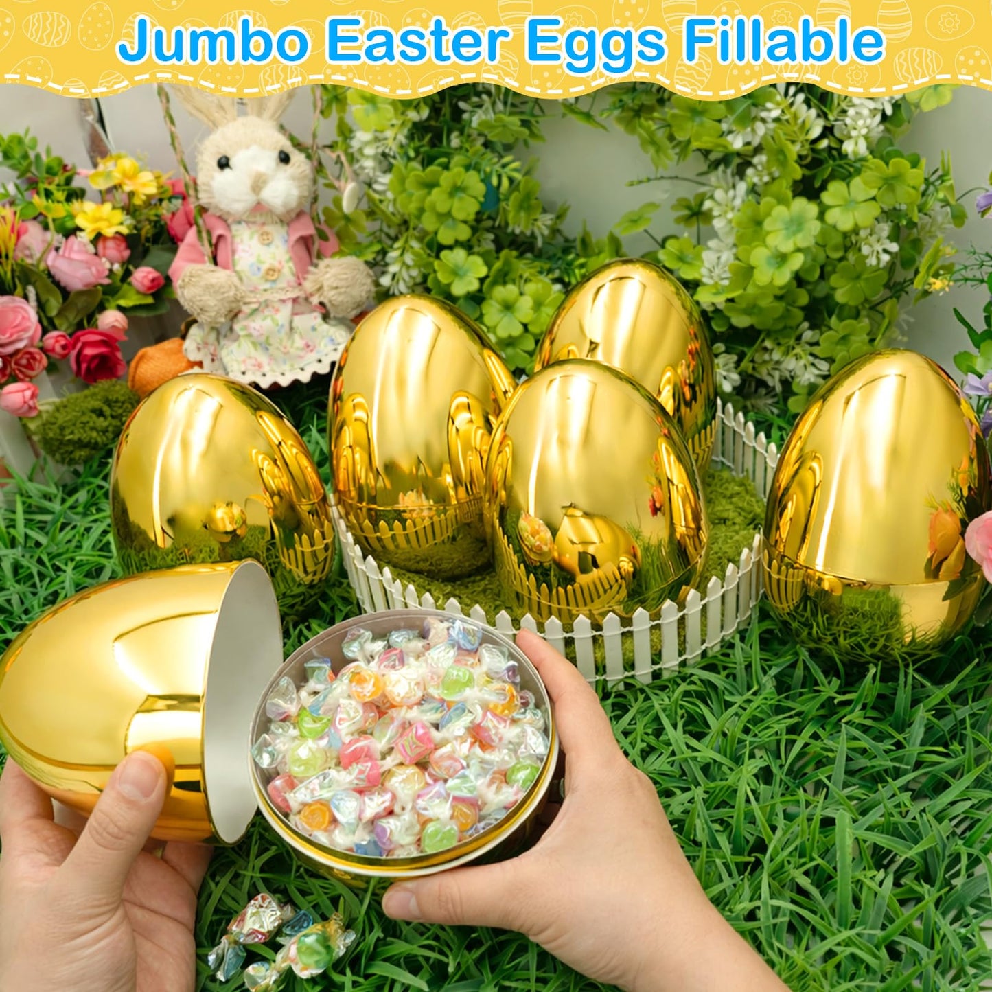 PIONJOY 12 PCS 6" Jumbo Golden Plastic Easter Eggs Fillable , Giant Empty Easter Eggs Fillable Bright Gold Metallic Egg for Kids Boys Girls Classroom Prizes Easter Basket Stuffers Party Favors