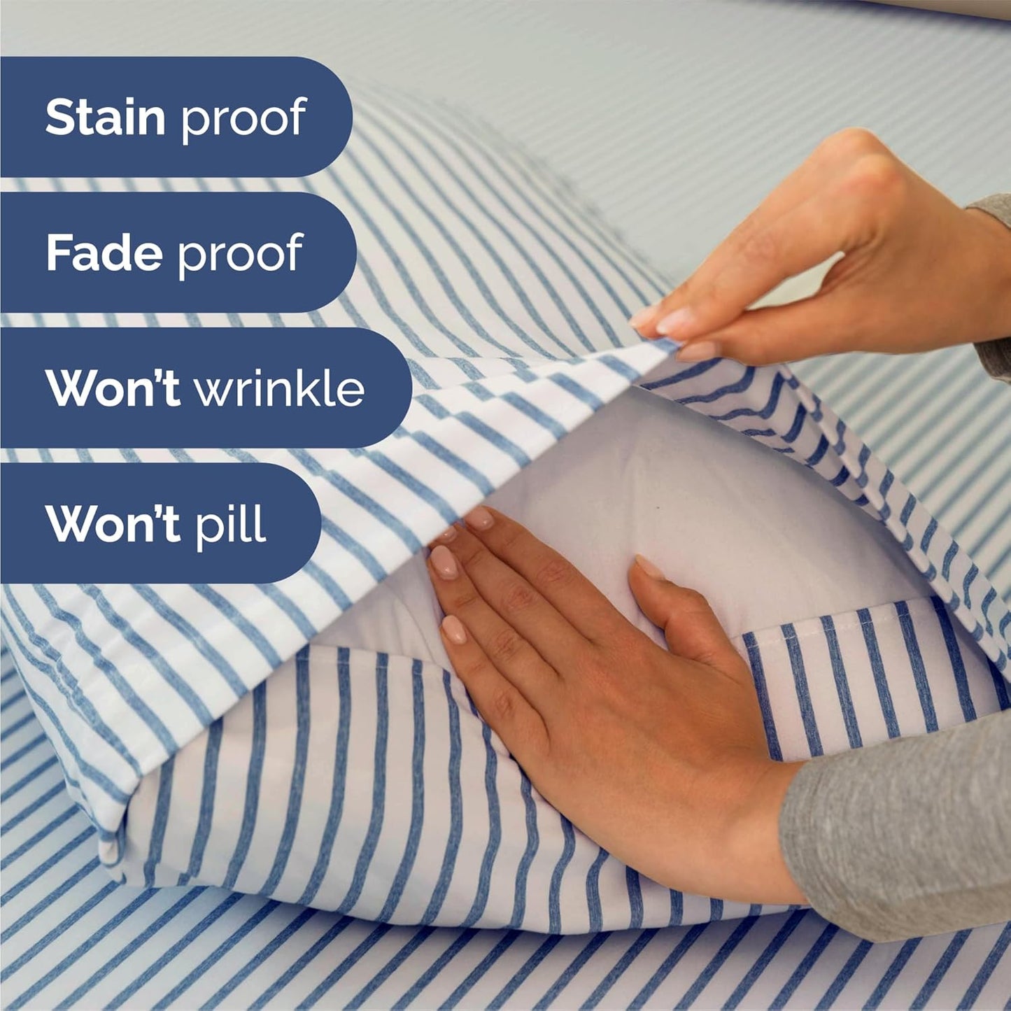 Skiennix Queen Size 4-Piece Sheet Set - Comfy, Breathable & Cooling Hotel Luxury Bedding - Deep Pockets, Soft, Wrinkle-Free - Blue Stripes