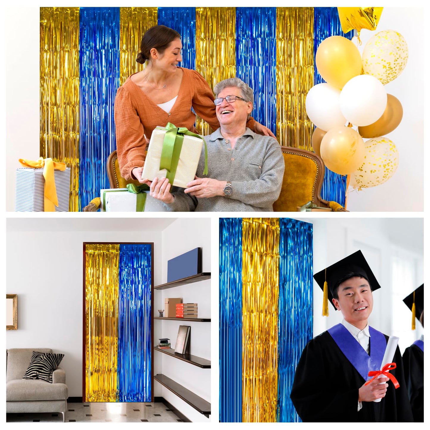 LOLStar Graduation Party Decoration, 2 Pack Blue and Gold 3.3x6.6 ft Foil Fringe Curtains, Tinsel Backdrop, Graduation Photo Booth Prop Streamer Backdrop for Class of 2026, Prom and Grad Party Decor