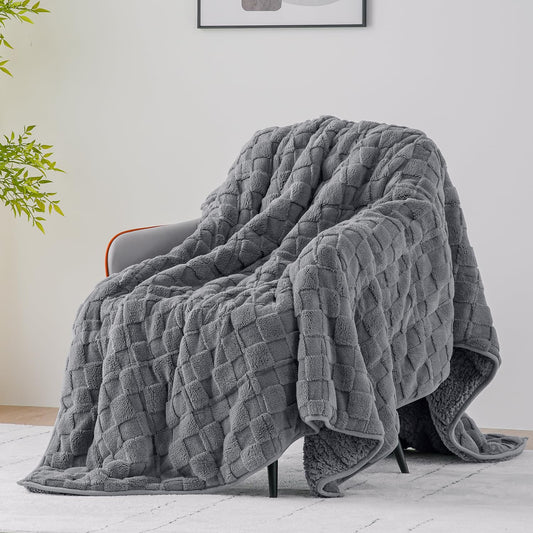 Uttermara Sherpa Fleece Weighted Blanket Full Size(15lbs, 48" x 72", Grey), 3D Jacquard Checkered Warm Sherpa Heavy Blanket for Adults, Soft Fuzzy Weighted Blankets for Couch Bed Sofa