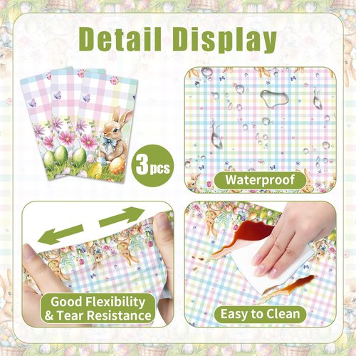 3-Piece 54 x 108 Inch Easter Plaid Plastic Tablecloth – Bunny and Easter Egg Disposable Rectangle Table Covers with Pastel Checkered Design for Easter Party, Spring Celebration and Holiday Decorations