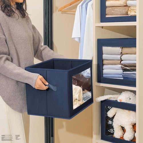 Homsorout Stackable Storage Bins - Large Fabric Closet Organizer with Lids | 5 Pack in Navy Blue
