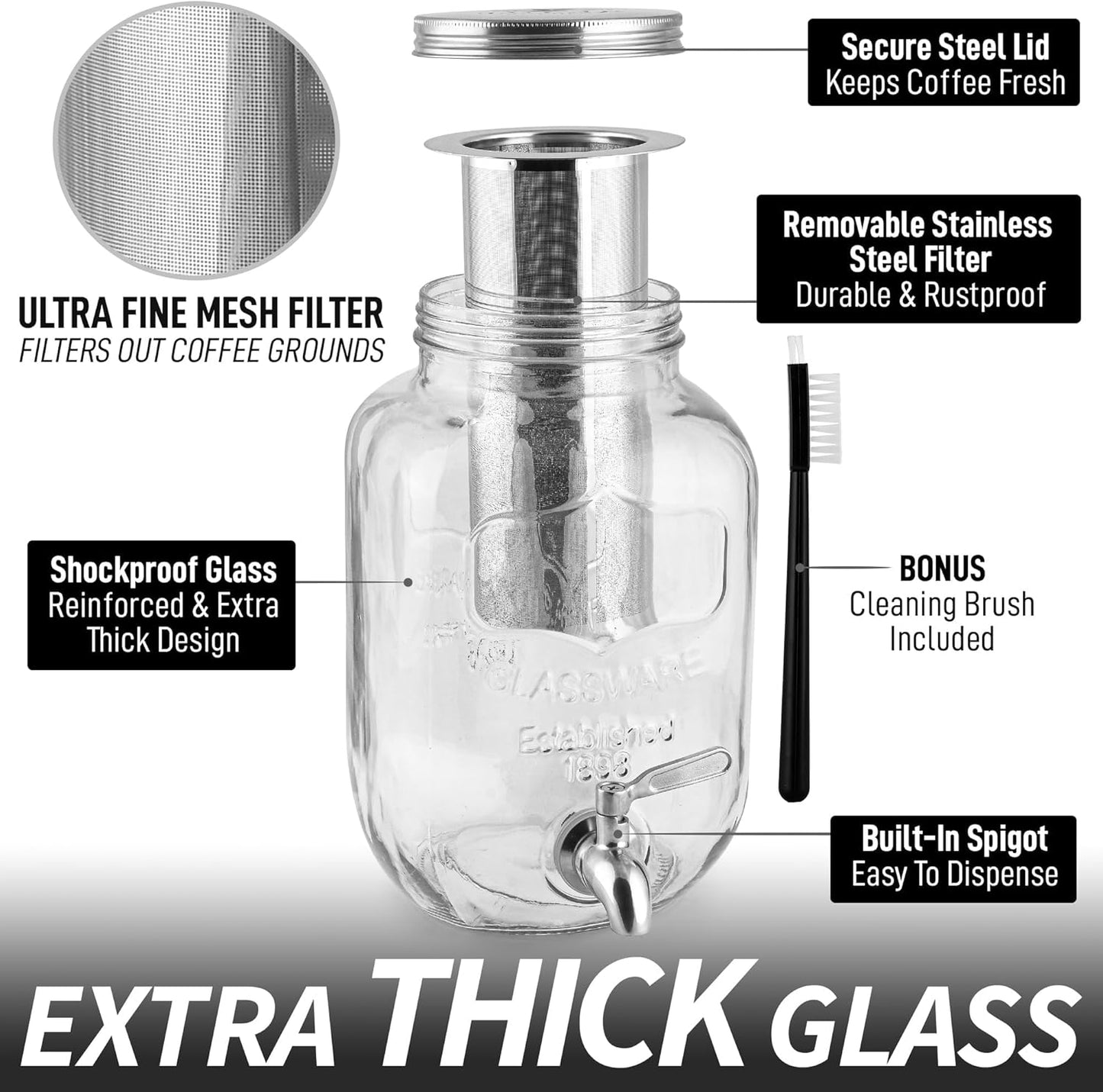 Zulay 1 Gallon Glass Drink Dispenser - Leak-Resistant with Spout Lid & Stainless Steel Filter | Perfect for Parties & Events