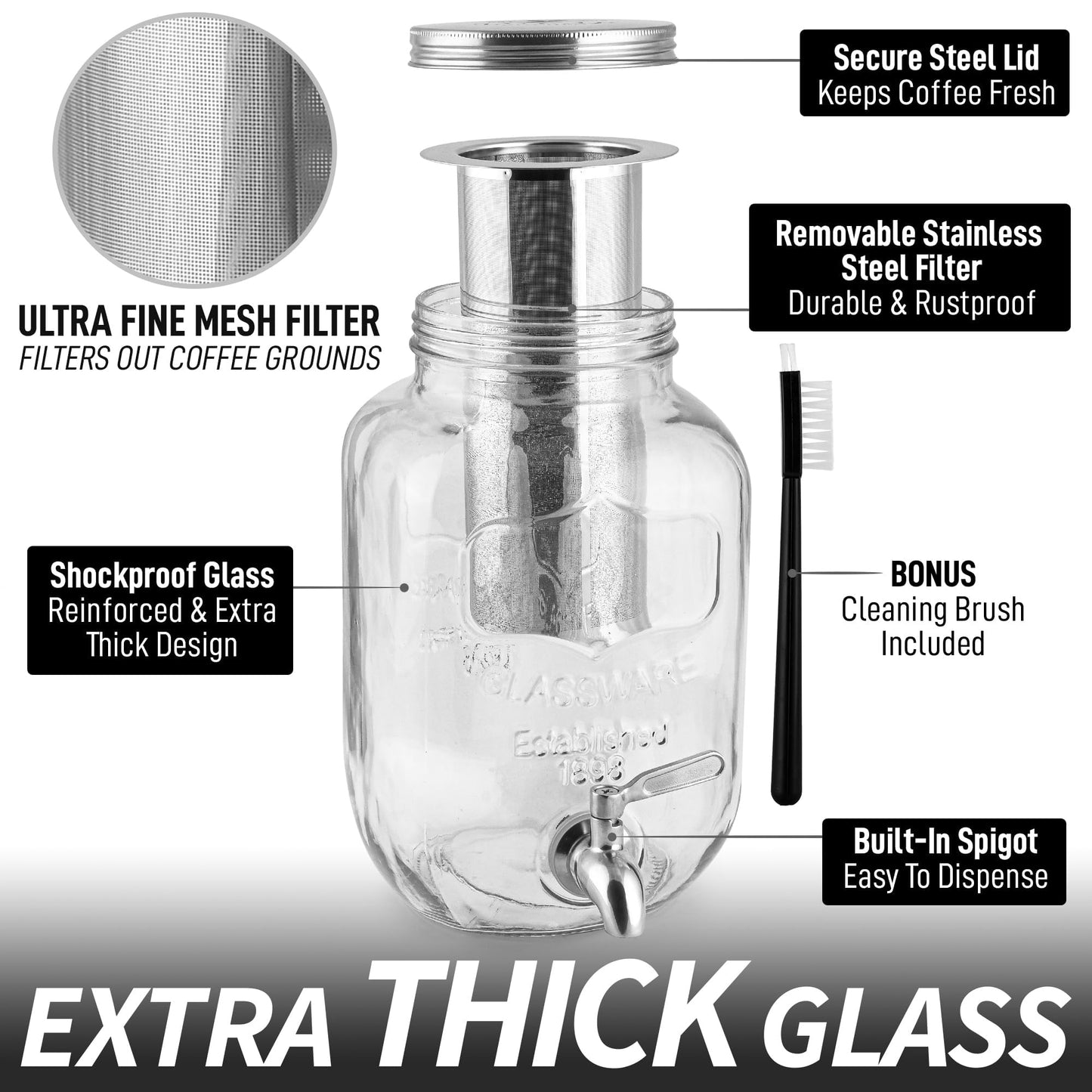 Zulay 1 Gallon/128oz Cold Brew Coffee Maker – Thick Glass Pitcher with Stainless Steel Filter, Lid & Spout – Large Mason Jar Container Dispenser - Iced Coffee & Sun Tea Brewer for Fridge – Silver