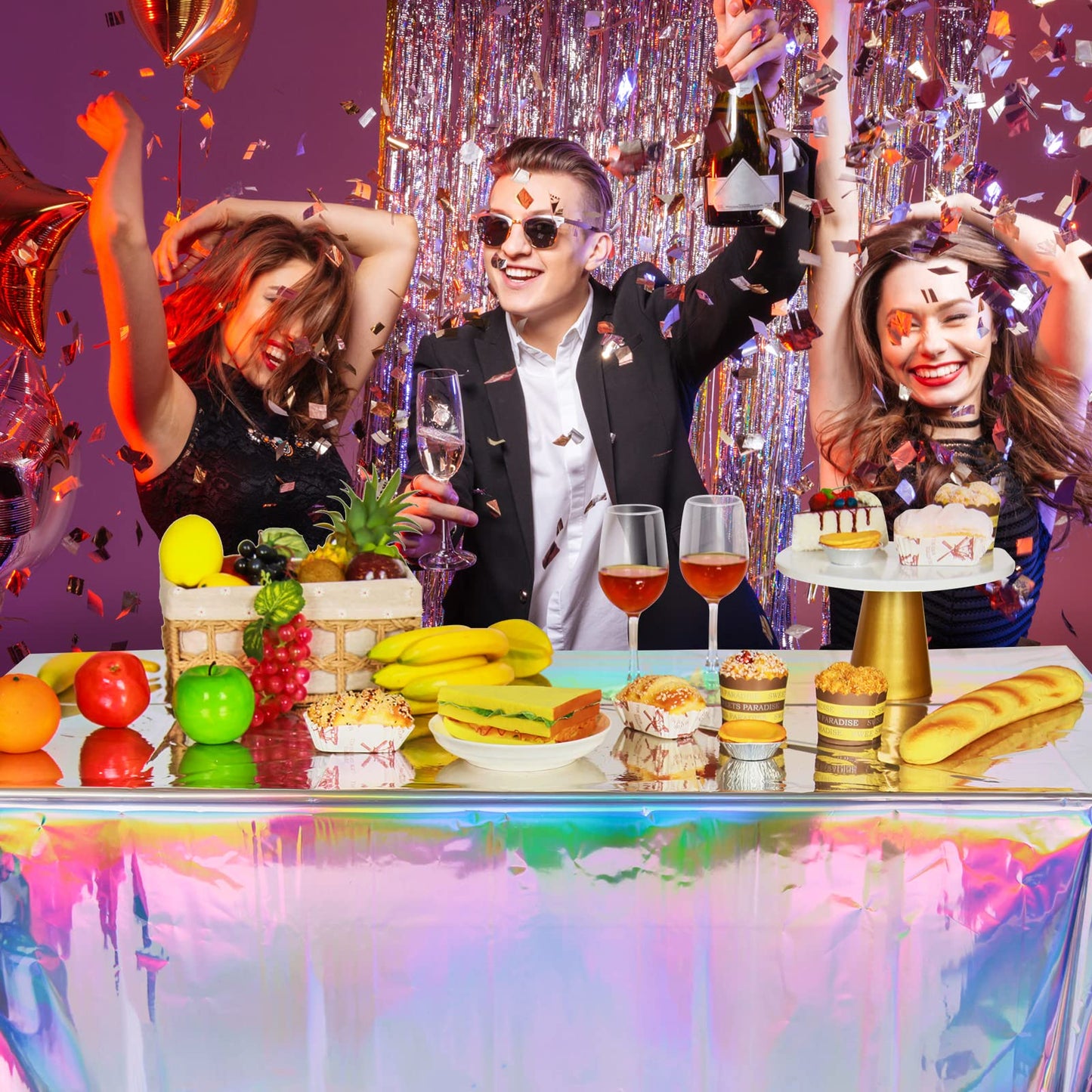 FunnyPars 4 Pack Iridescent Plastic Tablecloths, Shiny Disposable Laser Rectangle Table Covers, Holographic Foil Tablecloth Iridescent Birthday Party Supplies Decorations