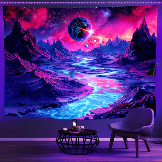 TUGCAY Blacklight Planet and Mountain River Tapestry Galaxy Space Tapestries UV Reactive Fantasy Nature Landscape Tapestry Wall Hanging for Room Home Decor(70.9"x90.6")