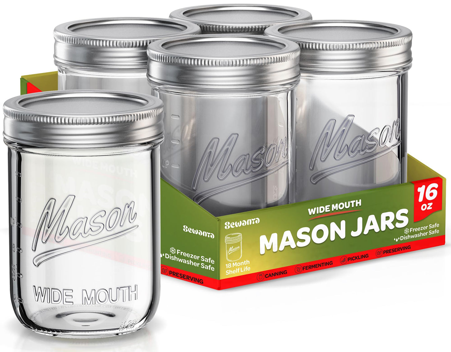 SEWANTA Wide Mouth Mason Jars 16 oz [5 Pack] With Mason Jar Lids and Bands, Mason Jars 16 oz - For Canning, Fermenting, Pickling - Jar Décor - Microwave/Dishwasher Safe.