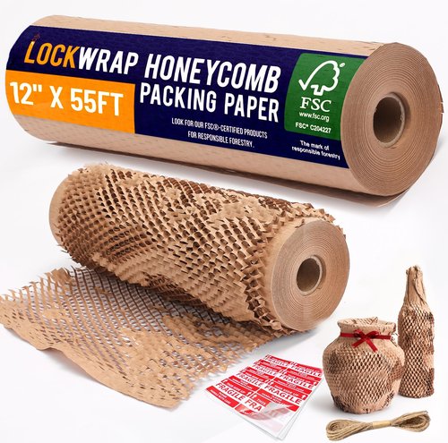 Honeycomb Packing Paper 12" x 55ft with Rope & 20 Fragile Stickers|Shipping & Moving Supplies|Small Business Packaging Supplies|Eco Friendly Bubble Wrap Packing Boxes for Moving Certified FSC C204227