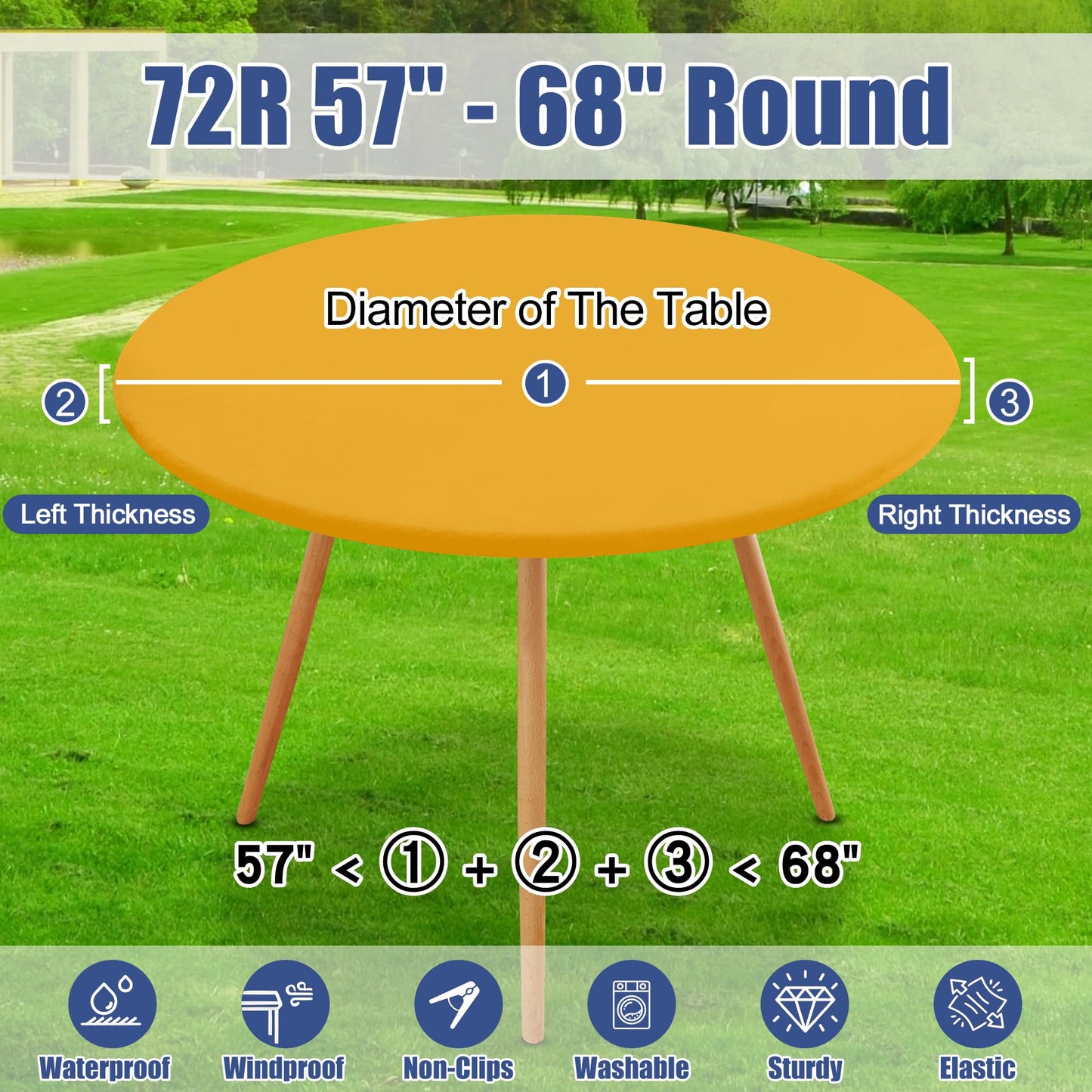 Moosfor Round Spandex Tablecloth, Elastic Fitted Waterproof Tablecloths for 57"-68" Tables, Stretch Washable Picnic Table Cover for Camping, Dining, Indoor and Outdoor, Mustard Yellow