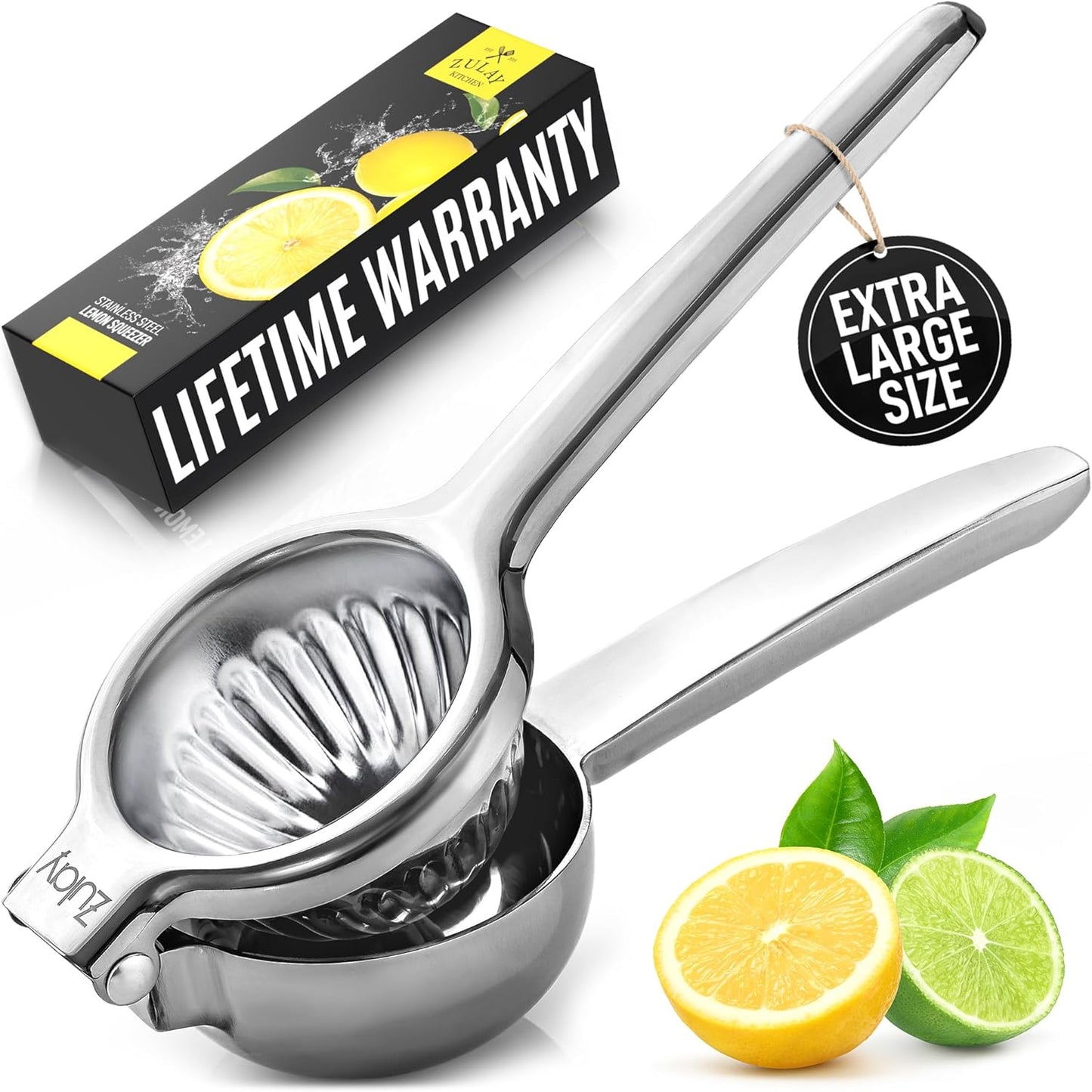 Zulay Kitchen Extra Large Lemon Squeezer - Heavy Duty Stainless Steel Citrus Juicer | Ergonomic Design for Easy Squeezing - Silver