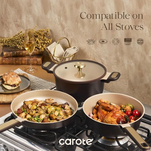 CAROTE Pots and Pans Set Nonstick, 16pcs Cookware Set Nonstick Non-Toxic & PFOA&PFOS-Free, Dishwasher, RV/Camping Cookware Set, Cooking Pots with Lids, Brown