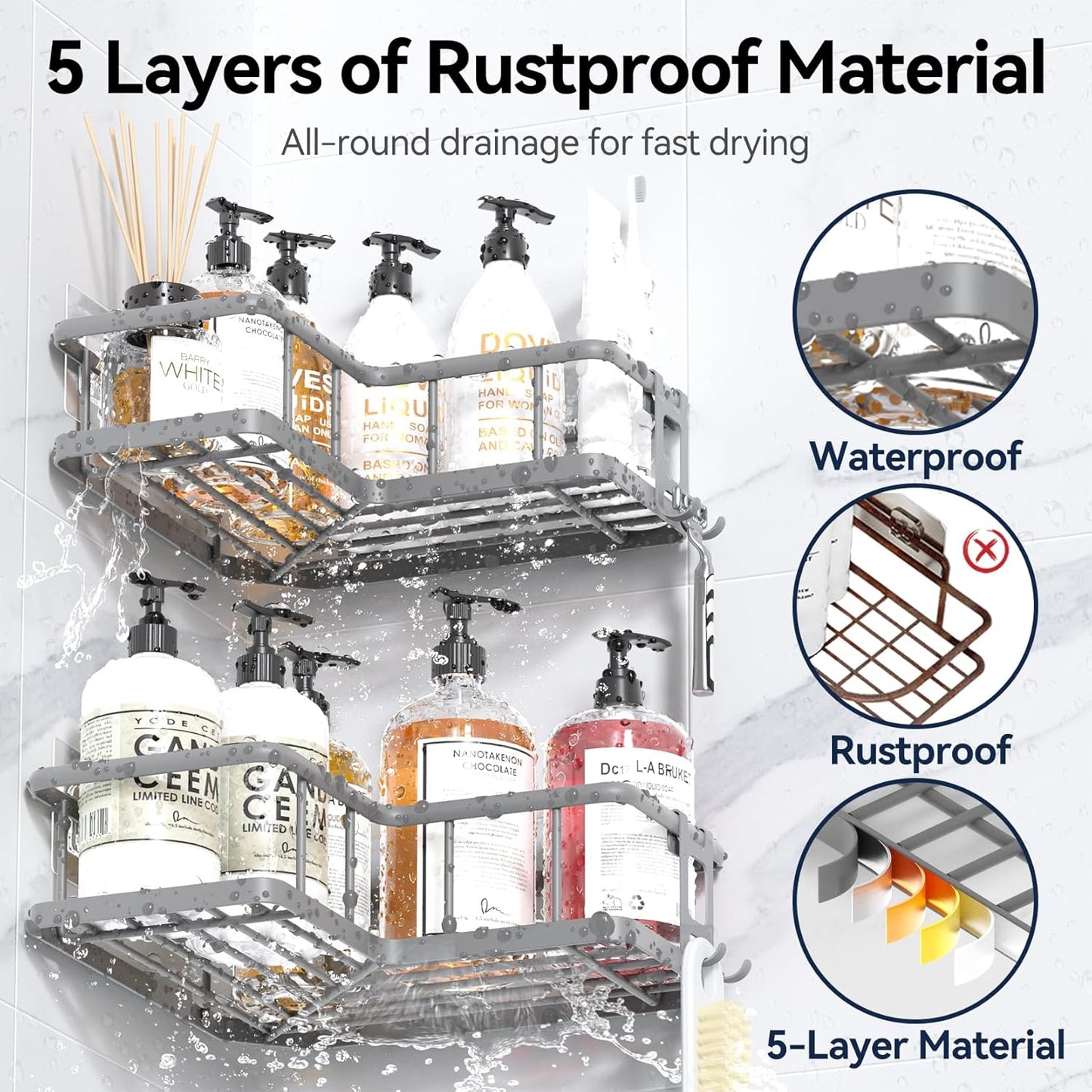 YASONIC Shower Caddy - 3-Pack Rustproof Stainless Steel Corner Shelves with Soap Holder | No Drilling, Grey