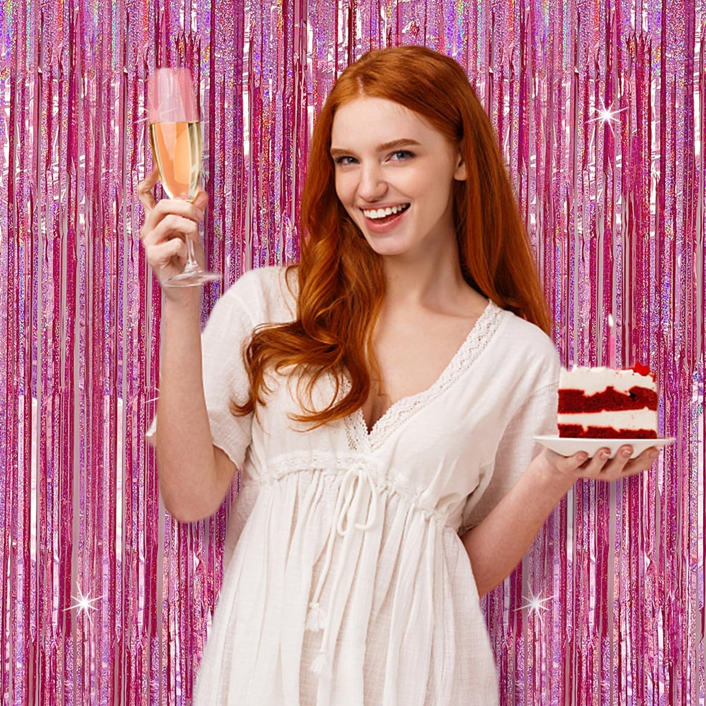 Tinsel Curtain Pink Birthday Party Decorations 2 Packs Glitter Foil Fringe Curtain Decor Streamers Photo Booth for Birthday Christmas Wedding Halloween Graduation