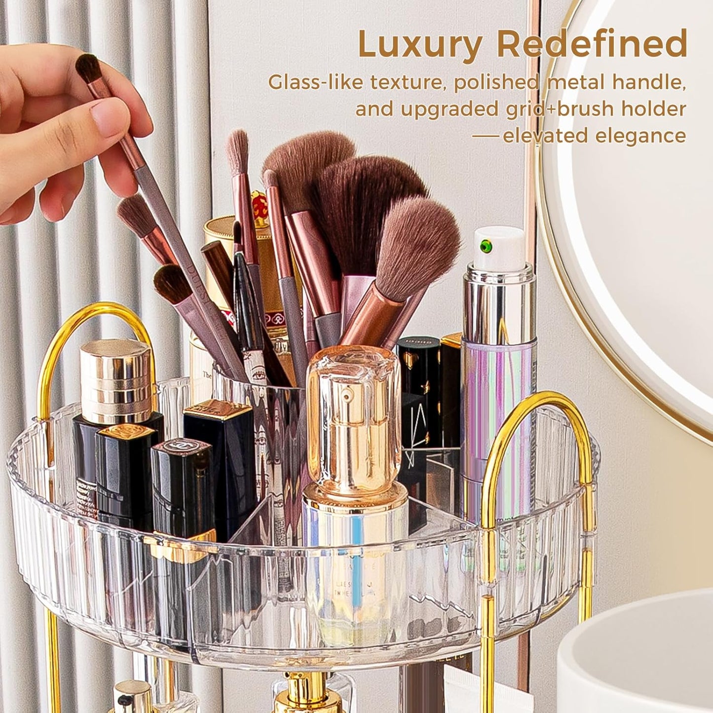 Skiennix 360° Rotating Makeup Organizer - Upgraded 3 Tier Skincare & Perfume Storage | Clear Cosmetic Dresser with Brush Holder