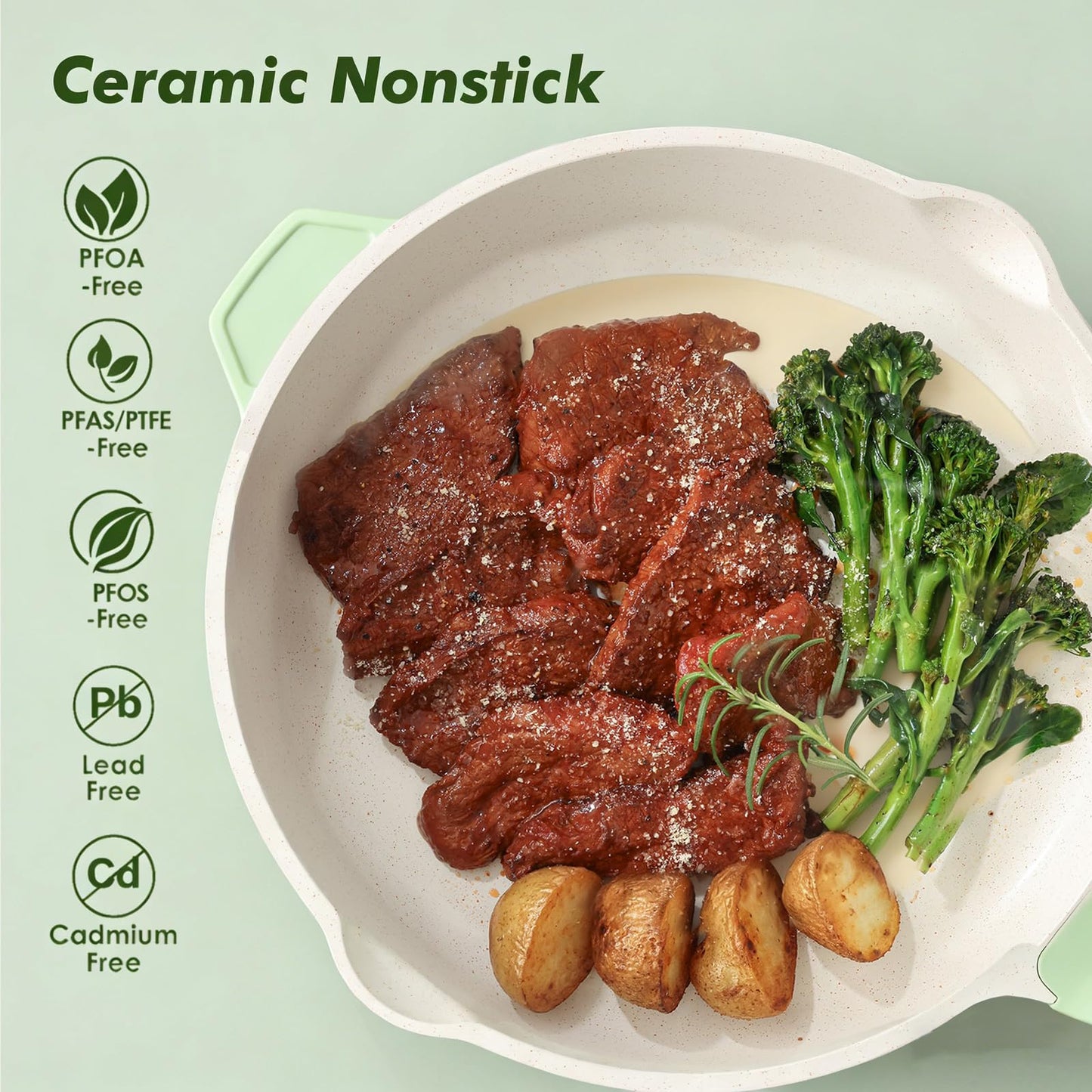 SENSARTE Nonstick Ceramic Skillet with Lid 12-inch/5QT, Non Toxic Deep Frying Pan, Saute Pan with Lid, Stay-cool Handle, Healthy Cooking Pot Dishwasher Safe, Induction Compatible, Green