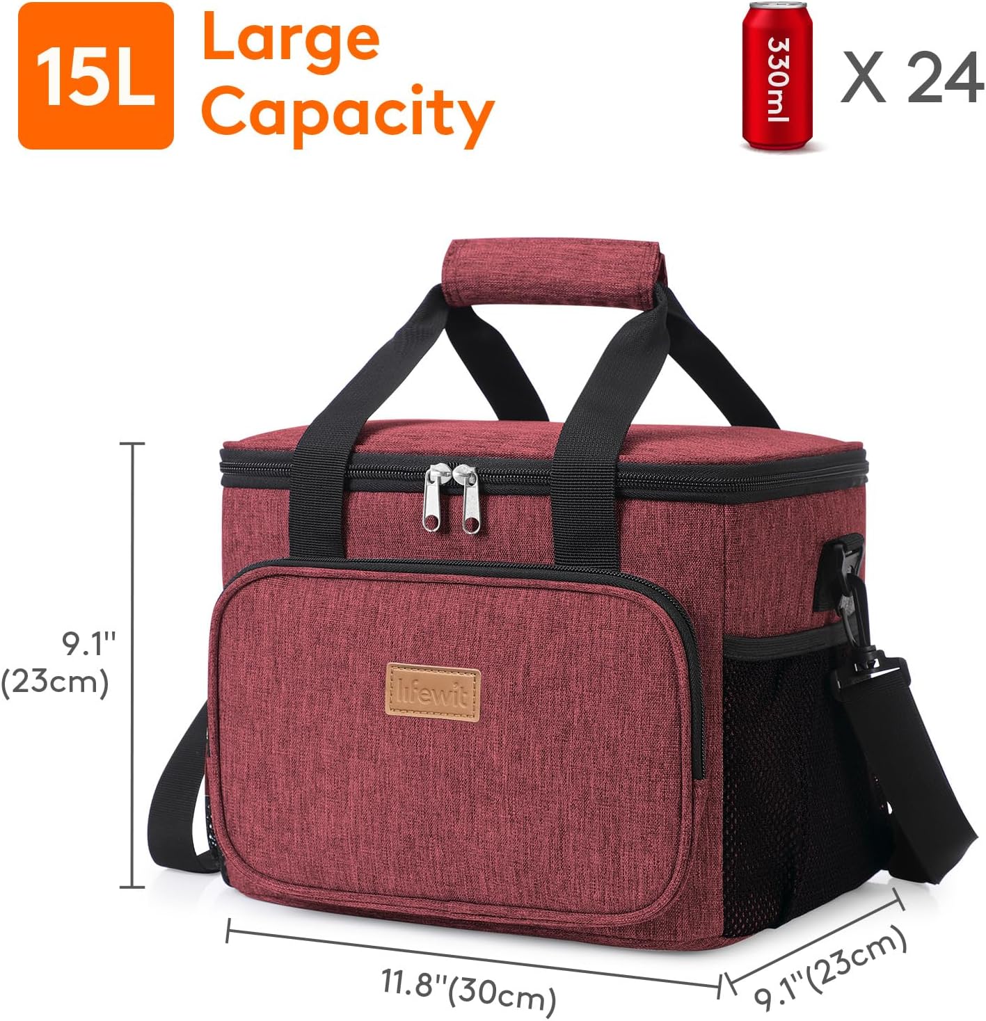 Lifewit Insulated Lunch Bag - Large Soft Cooler Tote for Adults | Burgundy 24-Can Capacity (15L)