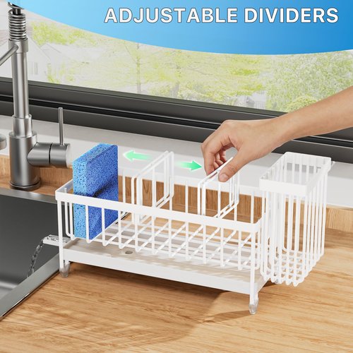 Cisily Sponge Holder for Kitchen Sink, Sink Caddy Organizer with High Brush Holder, Kitchen Countertop Organizers and Storage Essentials, Rustproof 304 Stainless Steel (White, 9.25″)