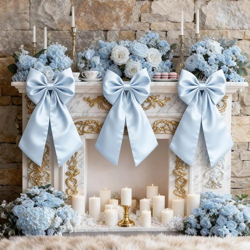 Blue Bow Decor | Large 22x11 Inch Crib Skirt with Big Bows - Perfect for Christmas, Parties & Showers