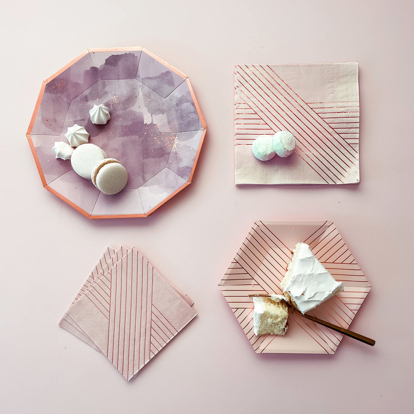 Harlow & Grey Amethyst Large Party Plates Set, 24 Ct Pack, 9.75” Elegant Disposable Paper Dinnerware Supplies for Birthday, Wedding, Shower, Anniversary, Holiday, Purple Watercolor & Rose Gold