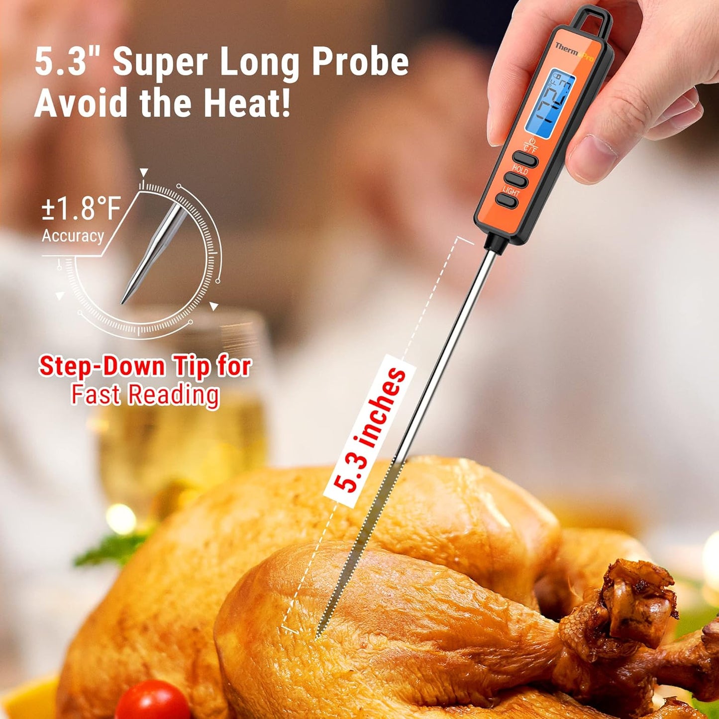 TempPro Digital Meat Thermometer - Instant Read Kitchen Thermometer with Long Probe & Backlit Display