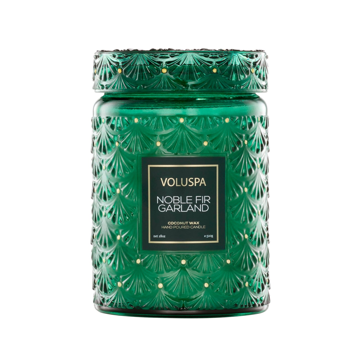 Voluspa Noble Fir Garland, Large Candle Jar, 18oz, Coconut Wax Blend, Christmas Scented Candles for Home, 100 Hour Burn Time, Handcrafted in The USA
