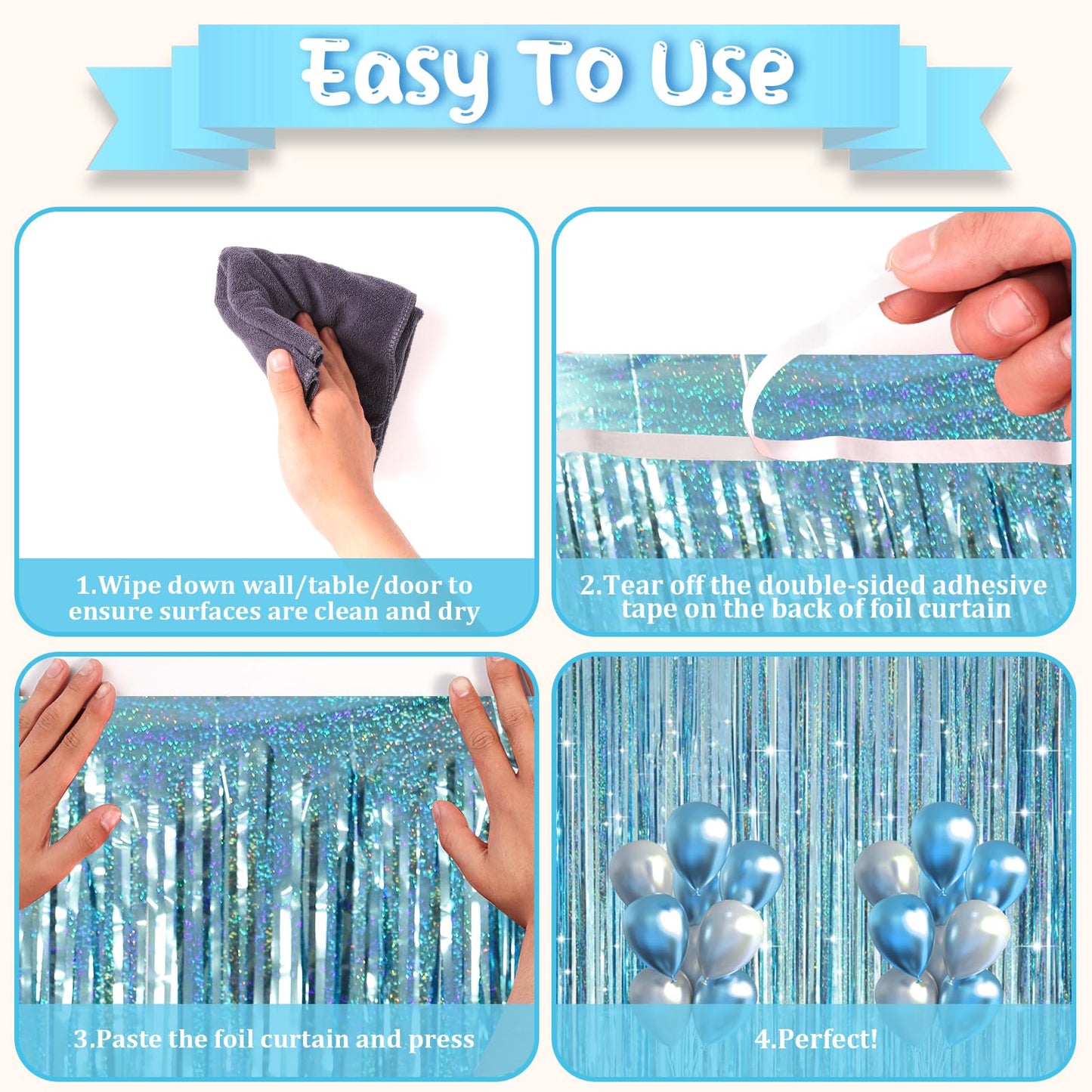 Voircoloria 3 Pack 3.3 x 8.2 ft Laser Blue Foil Fringe Backdrop Curtains, Tinsel Streamers Party Decorations, Fringe Backdrop