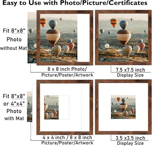 JCJMY 8x8 Picture Frame Set of 6 - Versatile Wall Hanging & Tabletop Display in Deep Brown