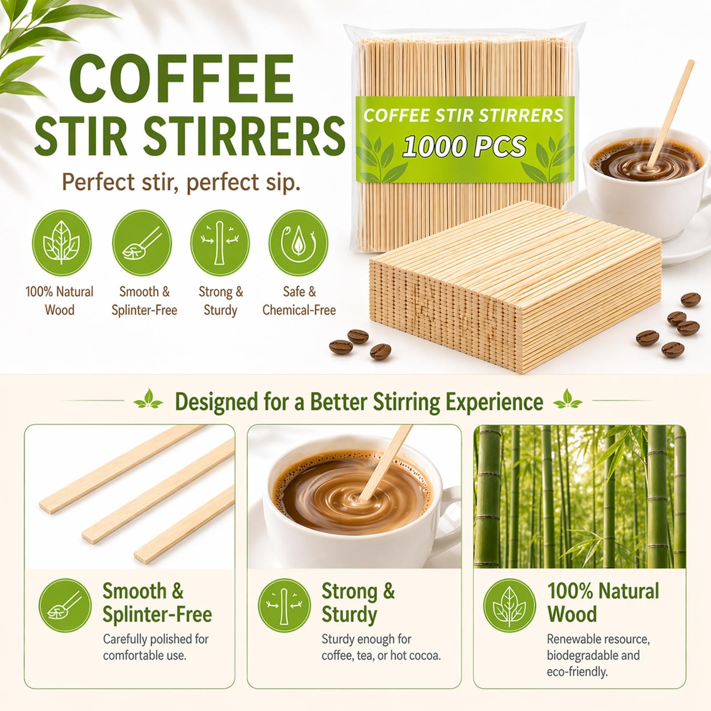 1000PCS Coffee Stirrers - Bamboo Coffee Stir Sticks Disposable Hot Drink Beverage Stirring Swizzle Stir Sticks For Coffee Milk Juice Cocktail Chocolate For Party Bar 5.5 Inch Square