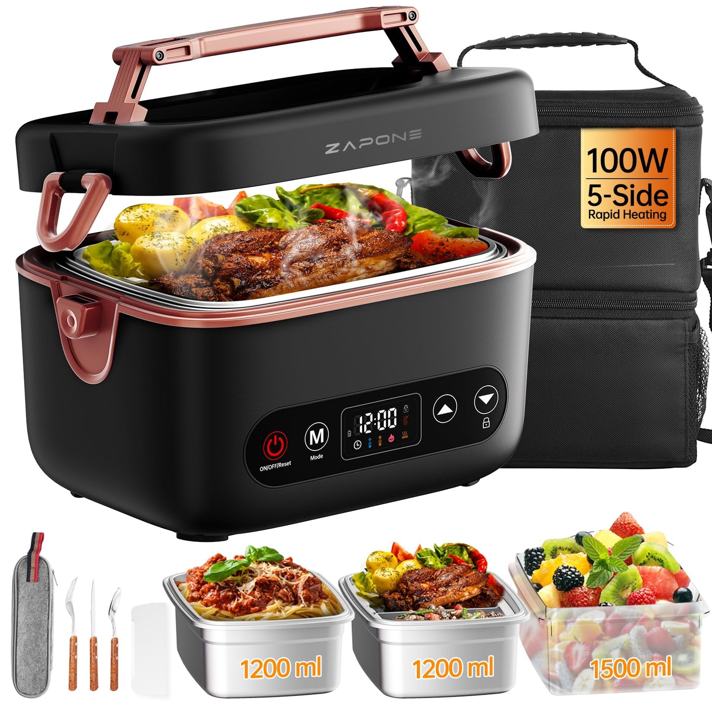 Zapone 2X1.2L Cordless Electric Lunch Box For Adults,6x4000mAh Rechargeable lunch box Upgared 100W 5D Surround Heat Tech,Food Warmer 220°F Max,with Dual Insulated Bag,BPA Free,Brown