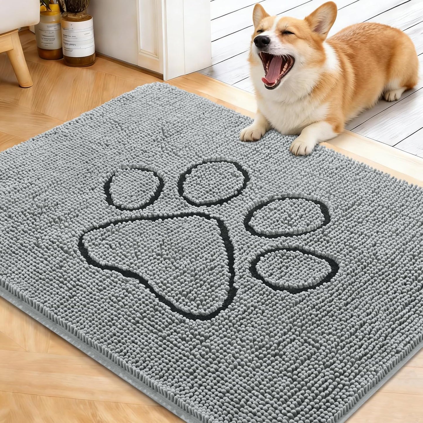 OLANLY Dog Door Mat - Absorbent Non-Slip Muddy Paws Mat | Quick Dry Chenille 40x32, Grey