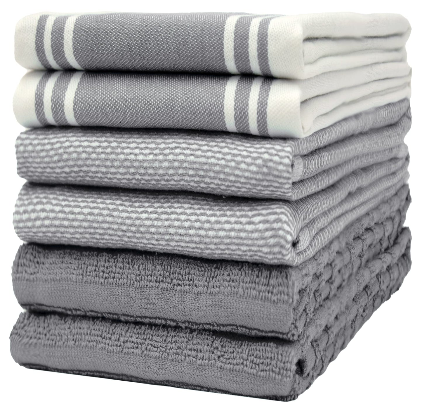 Premium Kitchen Towels (20”x 28”, 6 Pack) | Large Cotton Dish Towels | Flat & Terry Highly Absorbent Kitchen Linen Set with Hanging Loop | Wide Stripe Grey
