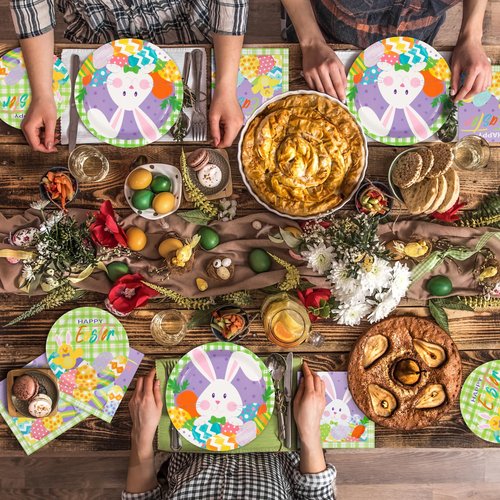 DYLIVeS Easter Party Plates Napkins, 150 Pcs Set 9" Paper Dinner Plates, 7" Dessert Plate, 6.5" Luncheon Napkins Bunny Colorful Eggs Disposable Tableware Set Kids Easter Party Decorations Serves 50