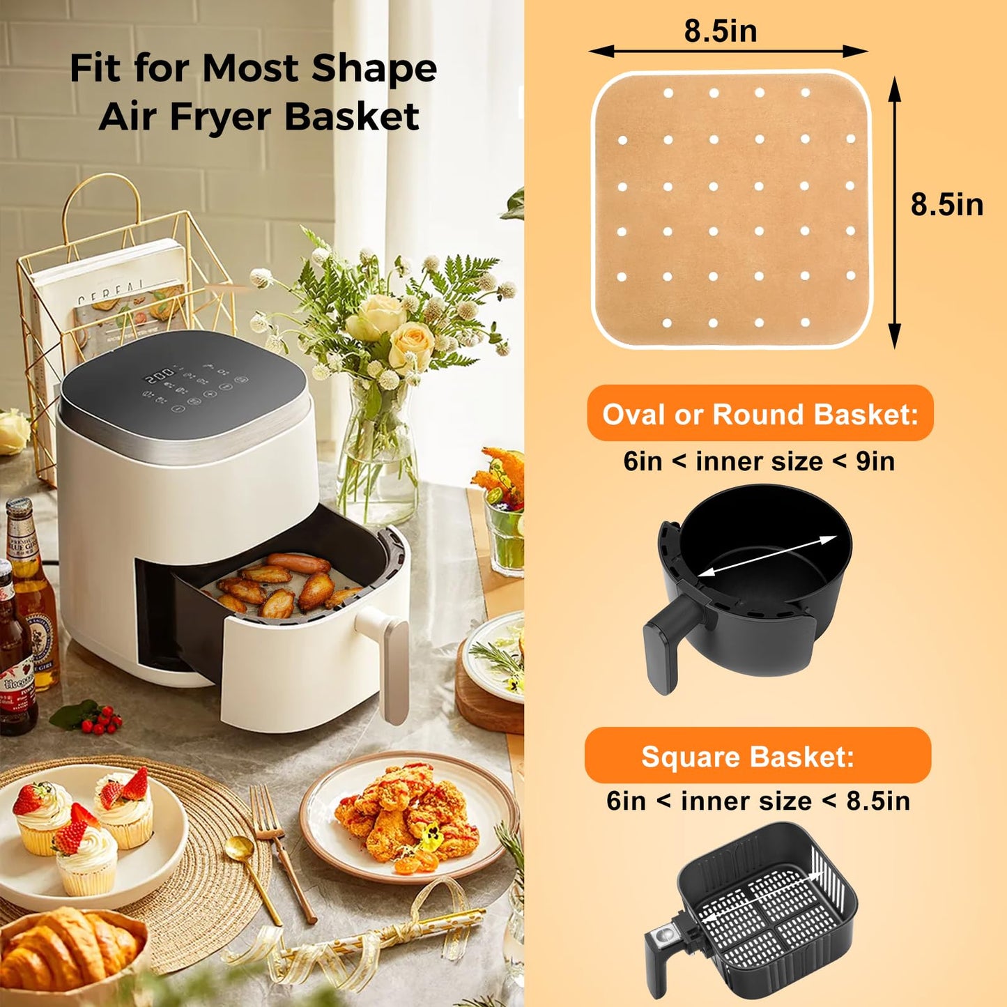 Vailnd Air Fryer Liners Disposable, 100pcs 8.5In Square Parchment Paper Sheets Unbleached, Perforated Food Steamer Liner for 5-8 Qt Air Fryers Baking Cooking Oven