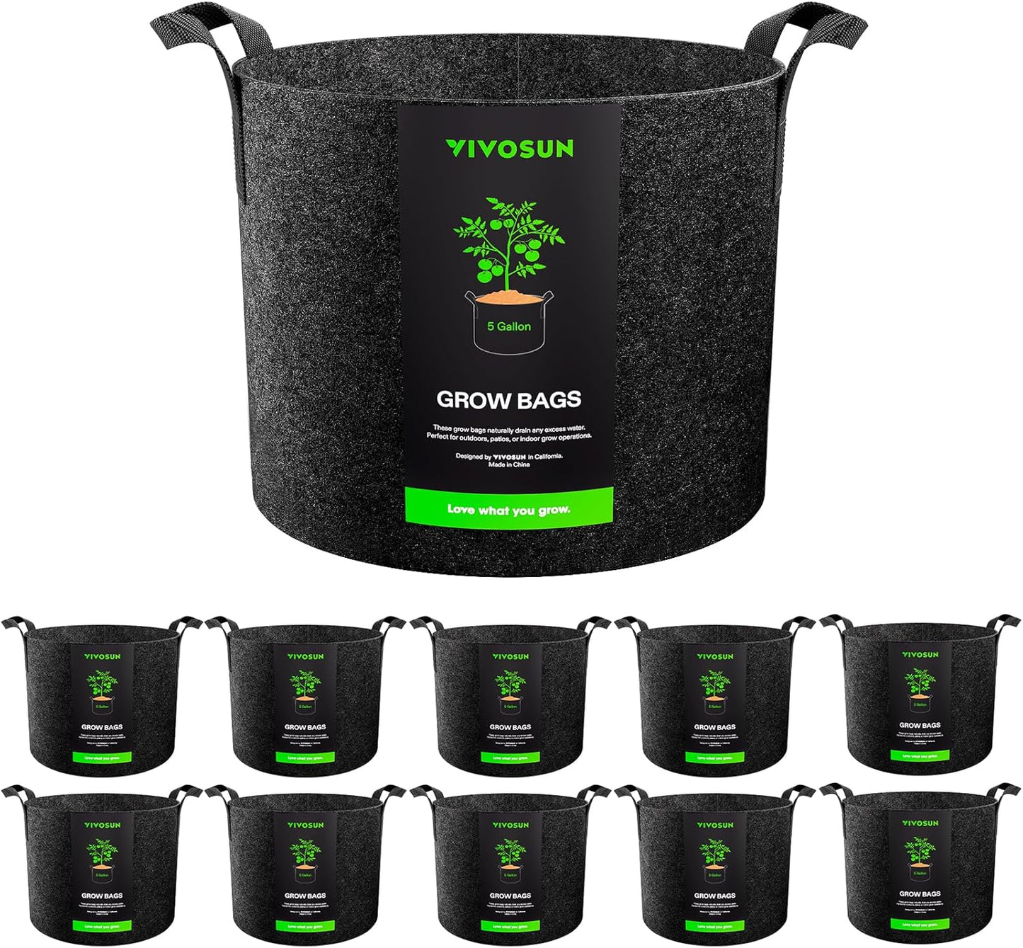 VIVOSUN 5 Gallon Grow Bags - Reinforced Fabric Planter Pots for Gardening | 10-Pack, Black