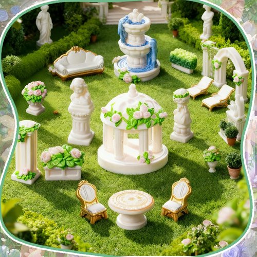 Exasinine Mini Garden Furniture Ornaments Set - 15 Pcs Micro Resin Patio Decor with Table, Chair, Bench, and Fountain Statues