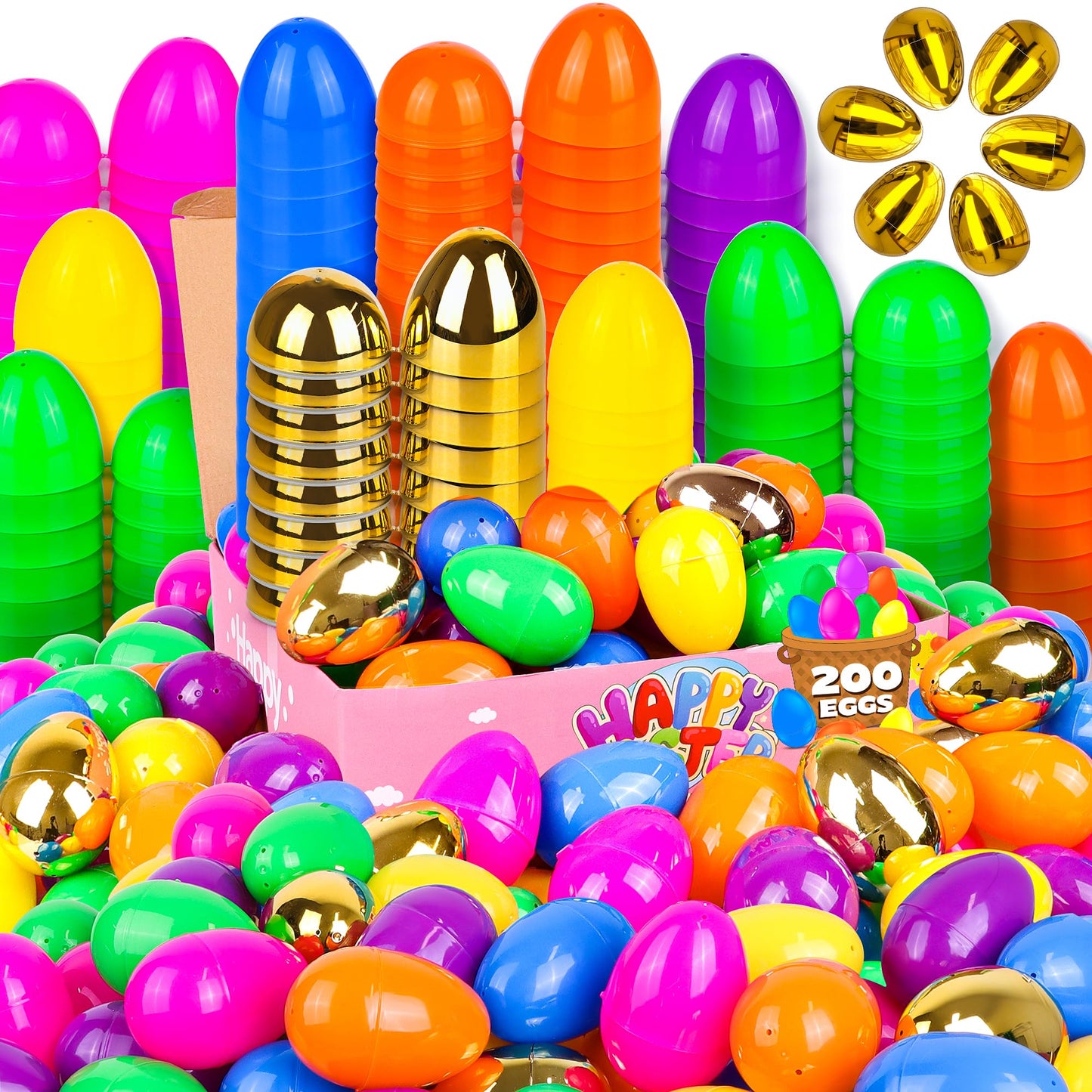 NAWITDA 200 Pack 3 Inch Large Easter Eggs Bulk Include 6 Surprise Golden Eggs, Bright Colors Fillable Empty Plastic Easter Egg for Easter Hunt, Easter Basket Fillers, Easter Party Favors