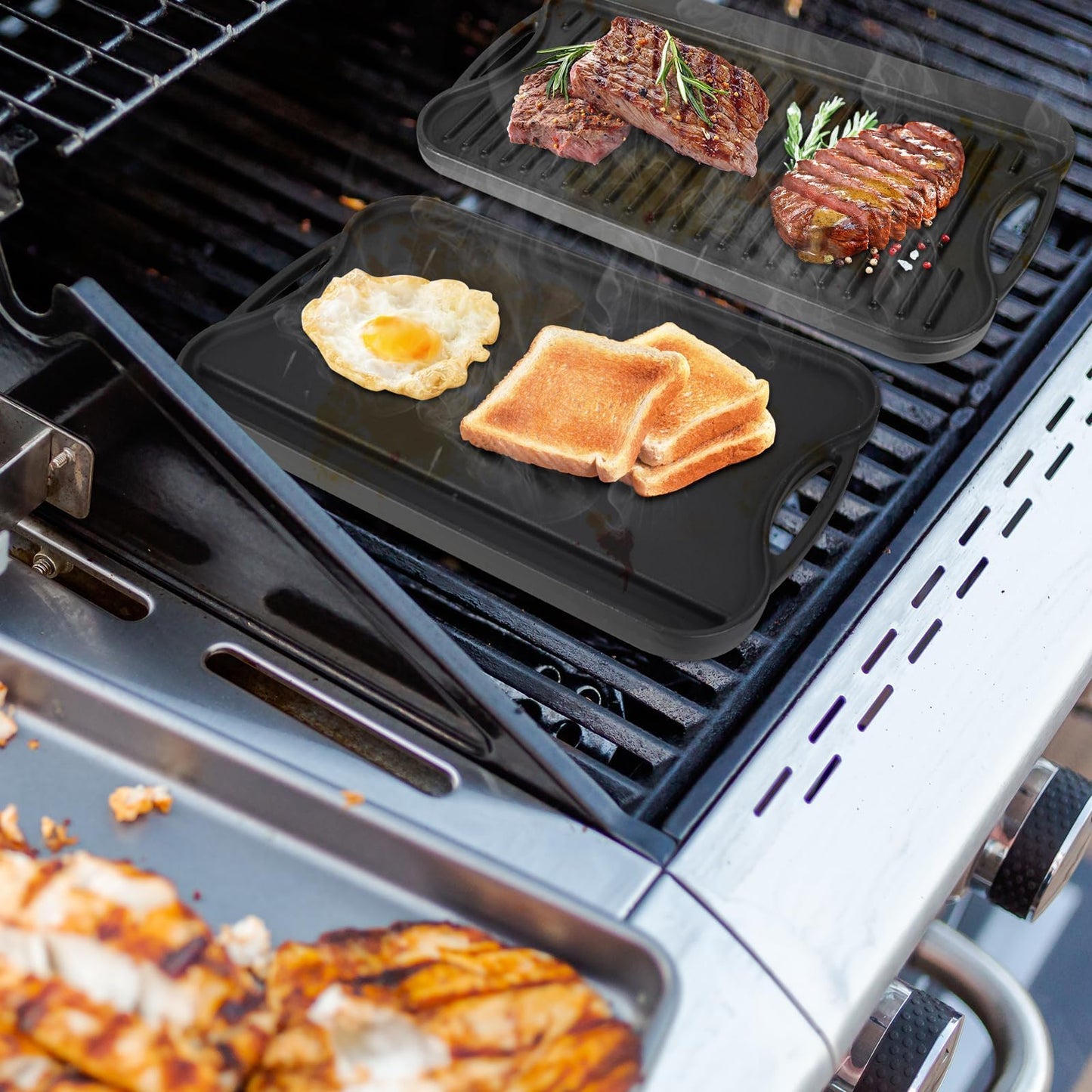 PETKAO Large Cast Iron Griddle Insert, Skillet, Oblong Grilling Pan for Stovetop,Pre-Seasoned Stovetop Griddle Gas Stove Grill Plate Oven, 17" x 10" Reversible Pancake Pan for Weber,Charbroil etc.,1PC
