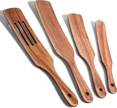 Acacia Kitchen Utensils Set by Spurtle - 4-Piece Natural Wooden Cooking Tools for Stirring & Serving
