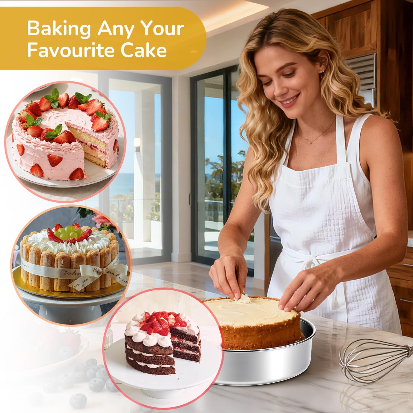BAKEWAY 8 inch Cake Pans, Round Baking Layer Cake Pan Set of 2, Stainless Steel Mirror Finish & Dishwasher Safe for Birthday, Party, Wedding