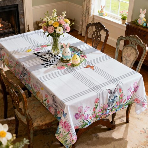 Hexagram Easter Tablecloth Rectangle 60 x 84 Inch, Easter Table Cloth Bunny Eggs Truck Tablecloths for Party Home Dinner Decor