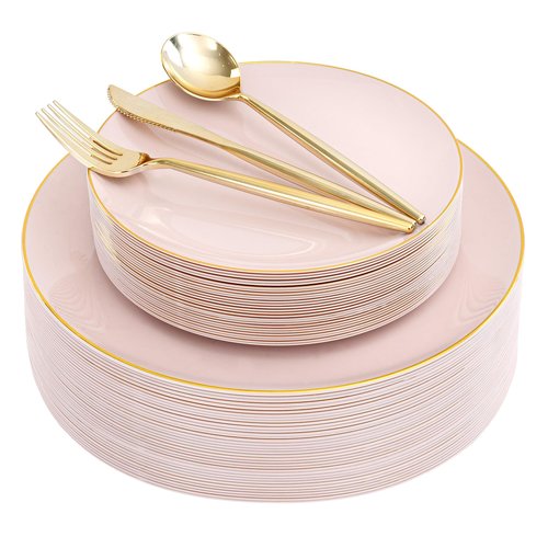 I00000 150 PCS Pink Plastic Plates for Party,Heavy Duty Pink Disposable Plates,Gold Dinnerware Set Include 30 Dinner Plates,30 Dessert Plates,30 Gold Plastic Silverware Set for Mother's Day