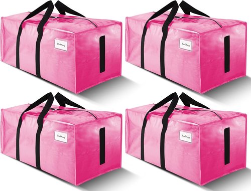 4 Pack Large Moving Bags by Skiennix - Water-Resistant Heavy-Duty Storage Totes - Space-Saving Design (Pink)