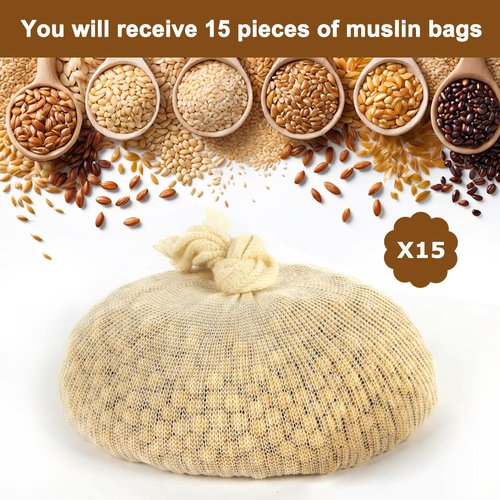 14” 15 Pack Cotton Brew Bag Grain and Spice Beer Brewing Bags Muslin Bags Steeping Bags for Dry Hopping Grain Beer Wine Grain Socks Nut Milk Fruit Hops Mead for Home Brewing or Micro Brewing
