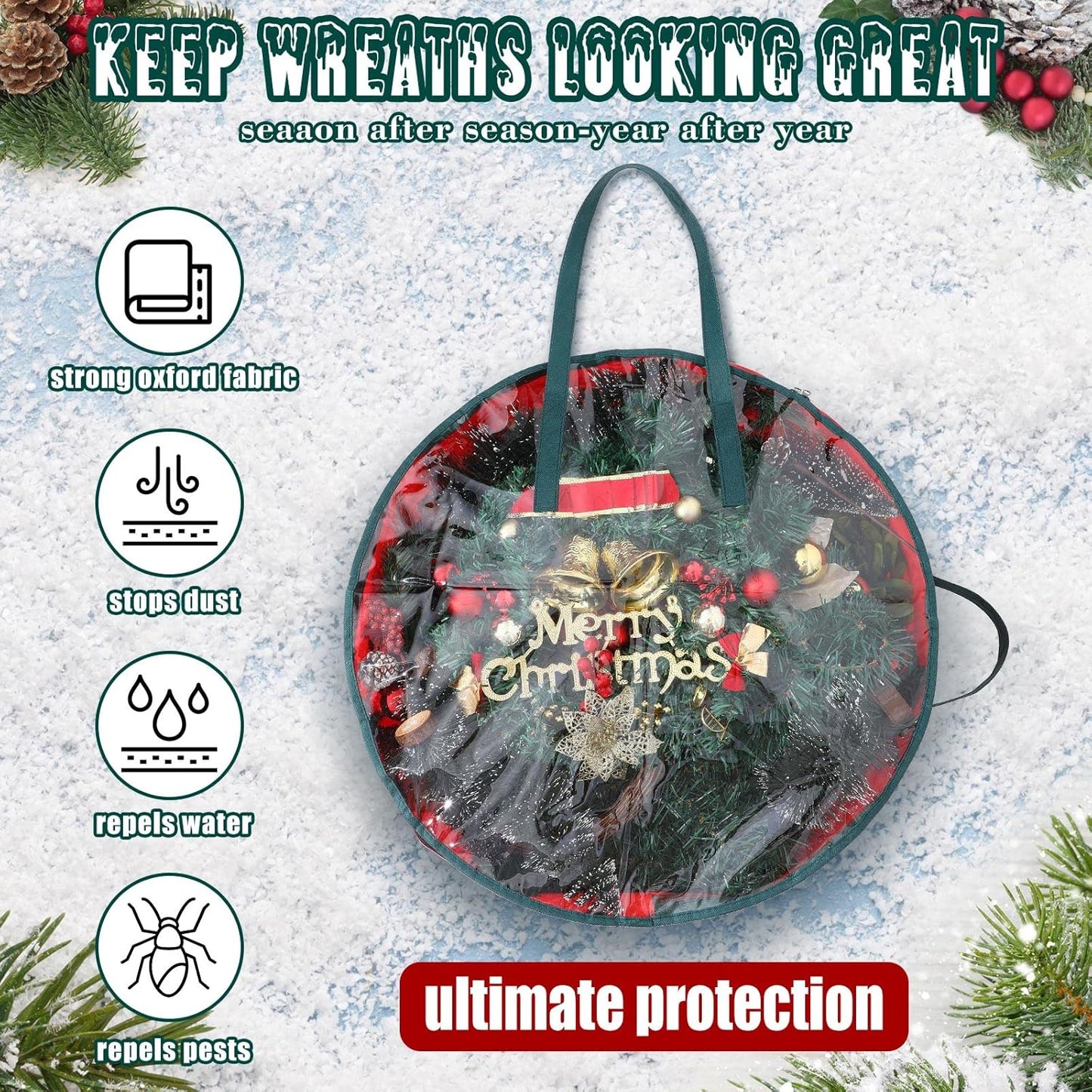 Shappy Wreath Storage Bag - 4 Pcs Clear Window Containers with Handle for Holiday Decor | 24 Inch