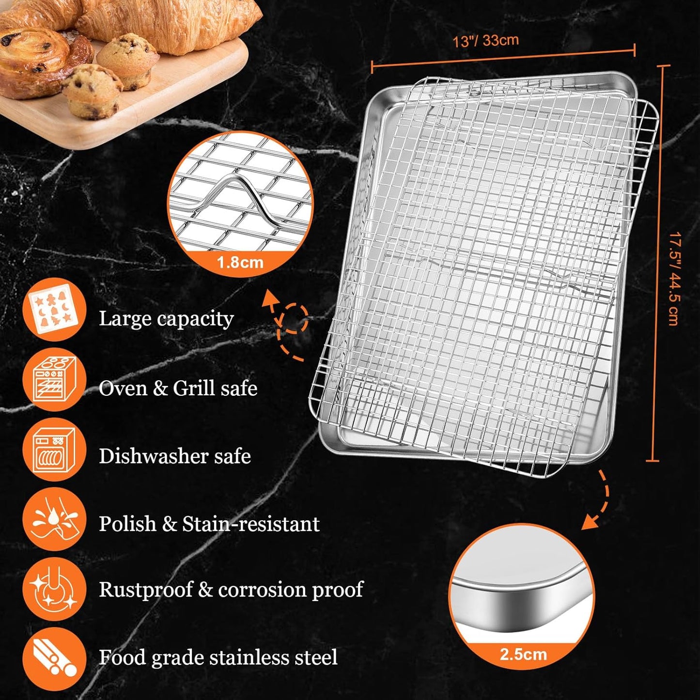 Leonyo Large Stainless Steel Baking Pan Set - 17.5" x 13" Nonstick Cookie Sheets with Cooling Rack | 4 Pack