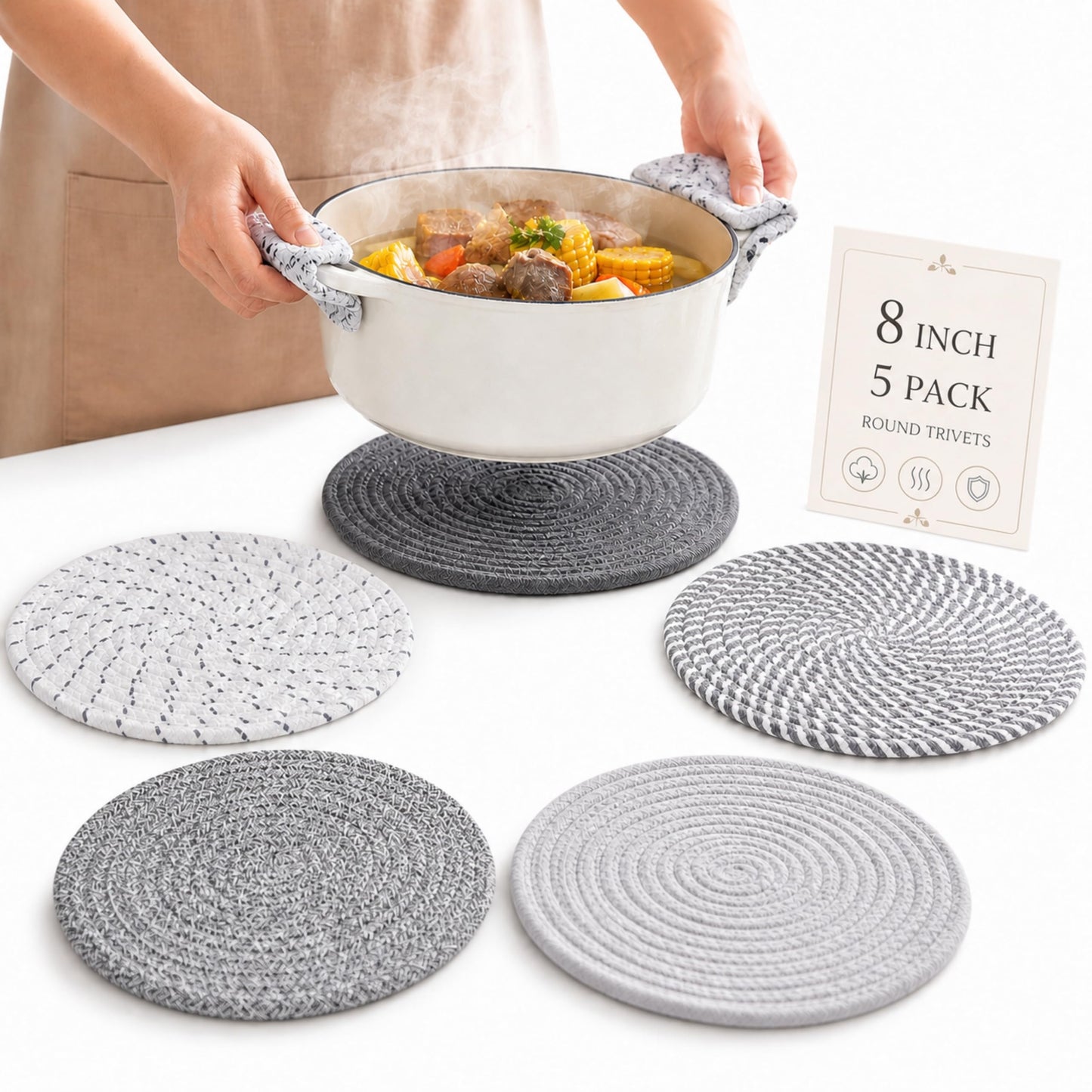 CATIFLIN 8 Inch Heat Resistant Trivets for Hot Dishes, 5-Pack Cotton Woven Pot Holders & Hot Pads Set – Kitchen Countertop & Table Protector, Home Essentials Decor